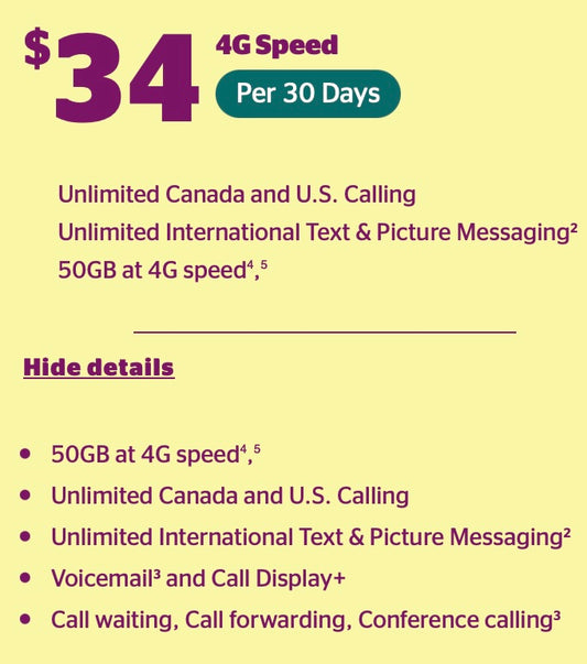 FREE SIM Card Koodo Mobile with 30 Days 4G Prepaid Plan $34