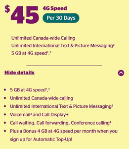 $45 4G Prepaid Plan 30 Days + FREE SIM Card Koodo Mobile